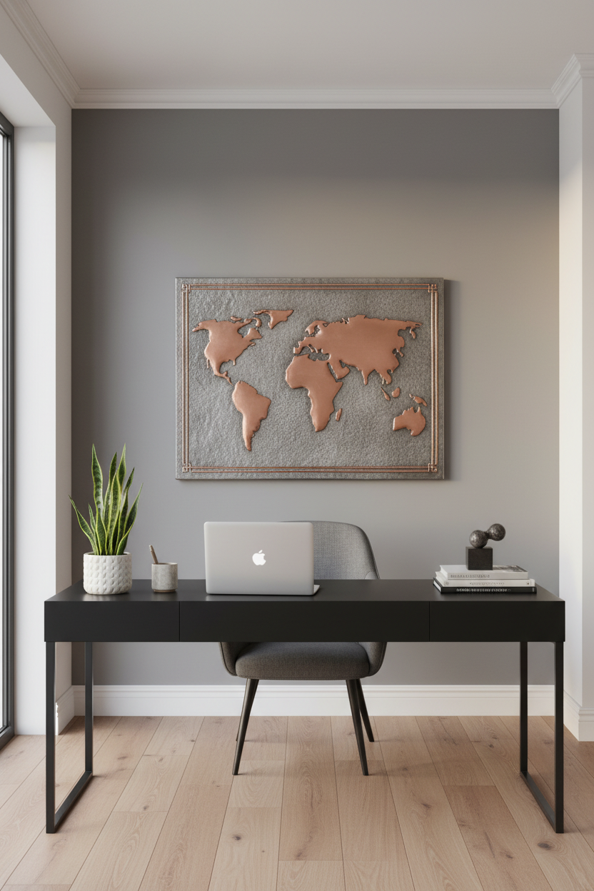 Large World Map Gray & Copper Wall Art in Home Office Behind Desk