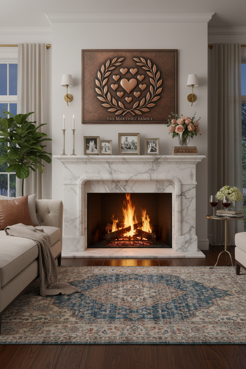 Laurel Heart - fireplace mantel romantic living room regenerated