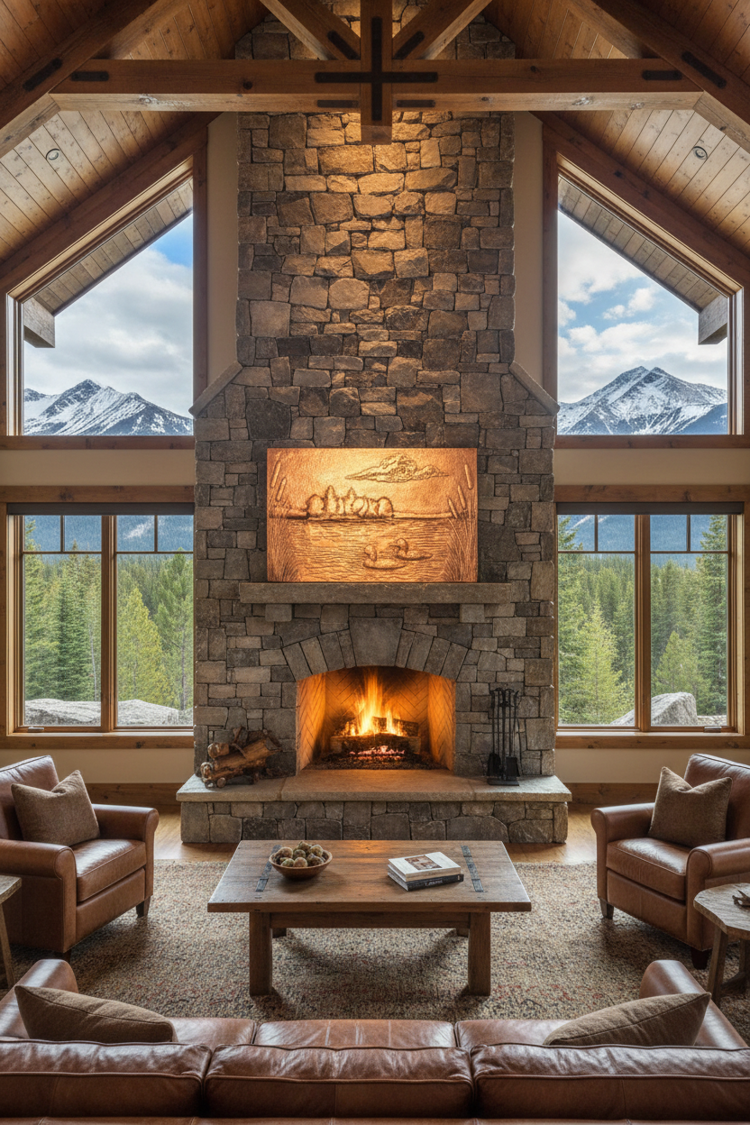 Lodge great room with large natural copper lake scene panel in radiant copper finish above massive stone fireplace