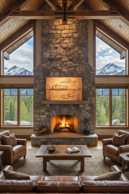Lodge great room with large natural copper lake scene panel in radiant copper finish above massive stone fireplace