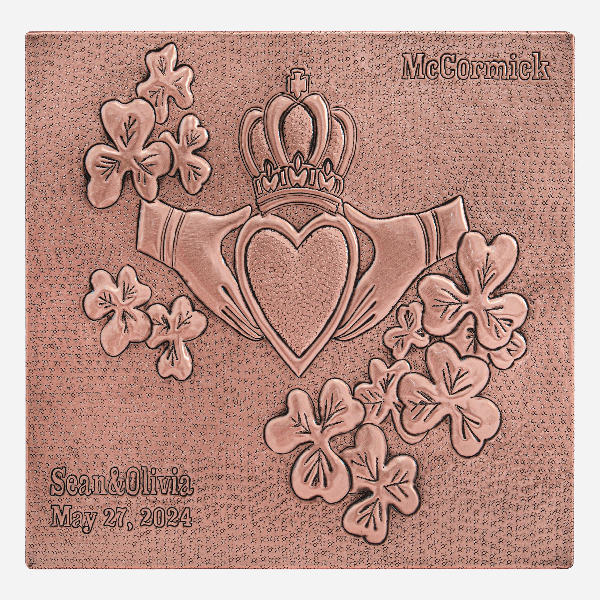 Copper Romance Plaque Sign (Irish Claddagh Surrounded With Three Leaf Clovers) - Natuross