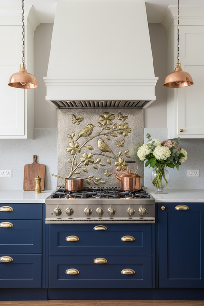 Luxury kitchen with gold-tone brass and silver-plated backsplash panel featuring raised relief birds design