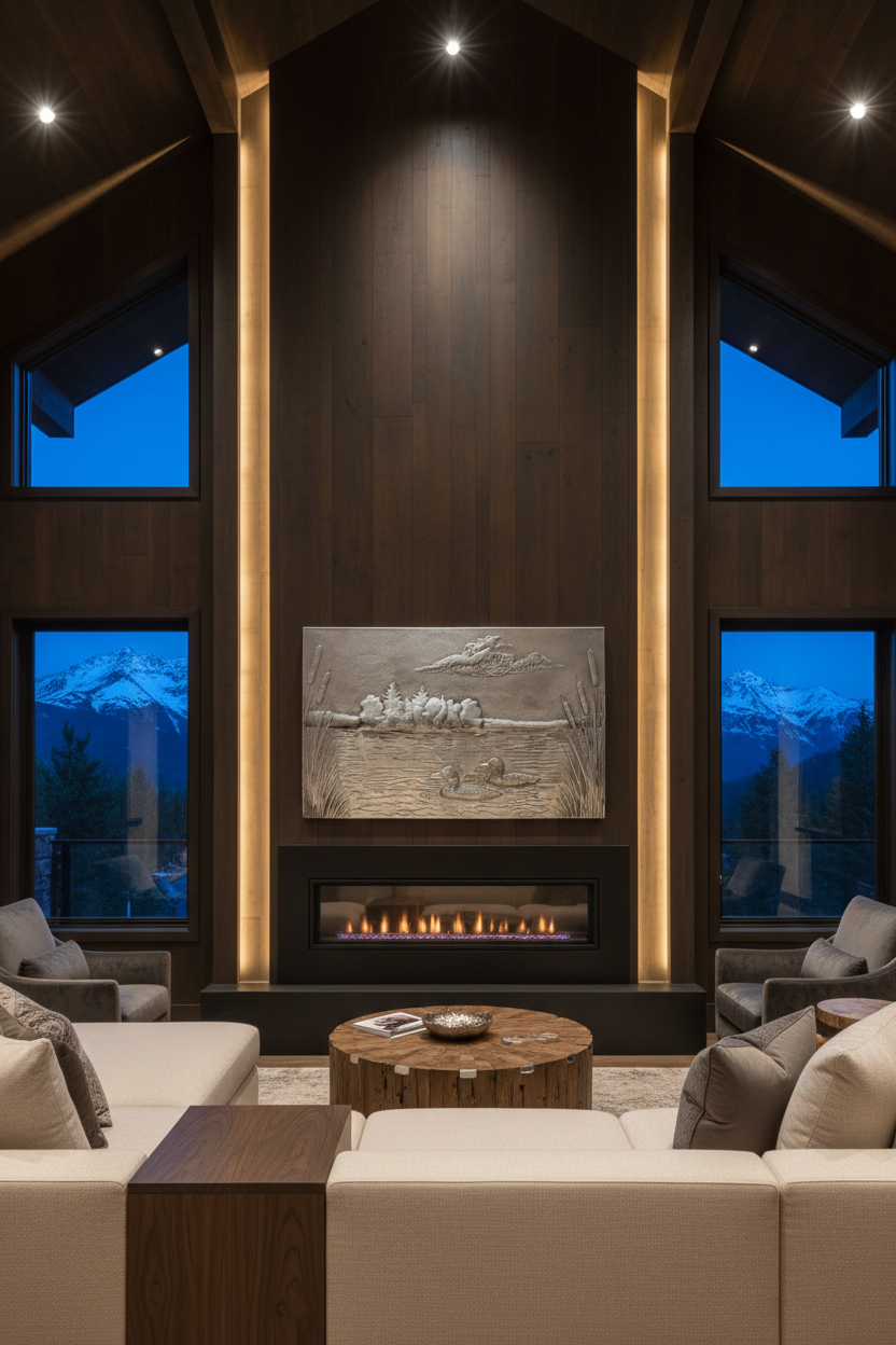 Luxury mountain cabin with silver-plated lake scene panel above modern linear fireplace in high-end retreat