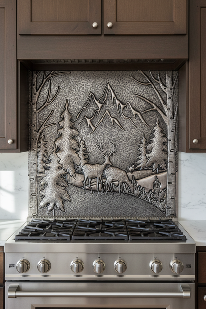 Majestic Mountain Forest Scene Backsplash - close-up front view