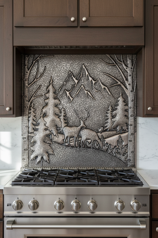 Majestic Mountain Forest Scene Backsplash - close-up front view