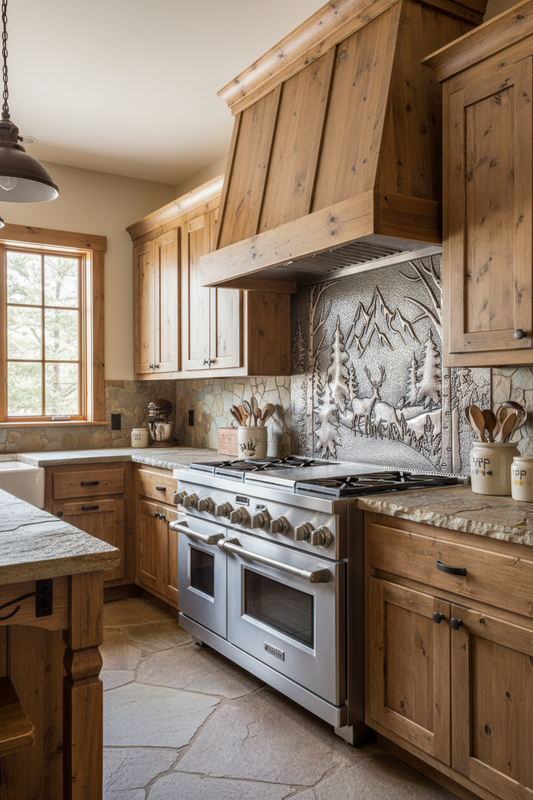 Majestic Mountain Forest Scene Backsplash - mountain lodge kitchen