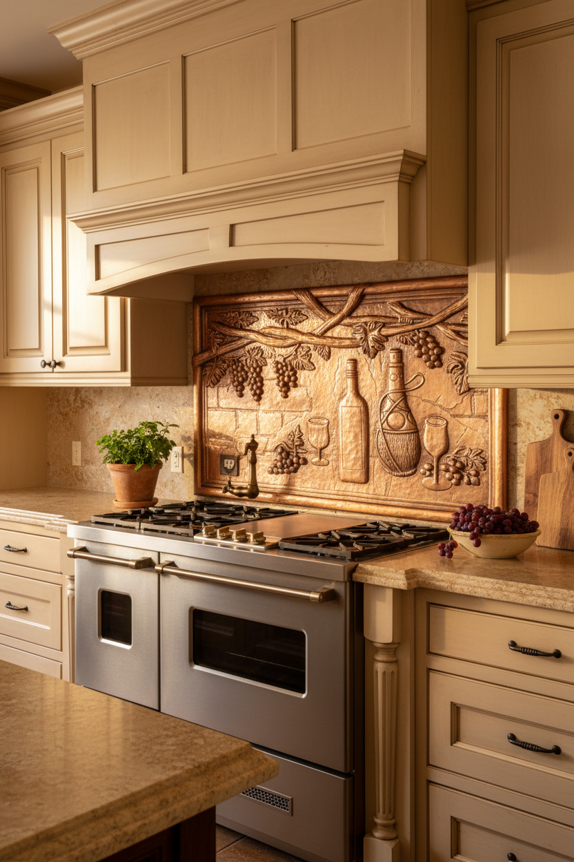 Mediterranean Grapevine Wine Natural Copper Backsplash in Luxury Villa Kitchen