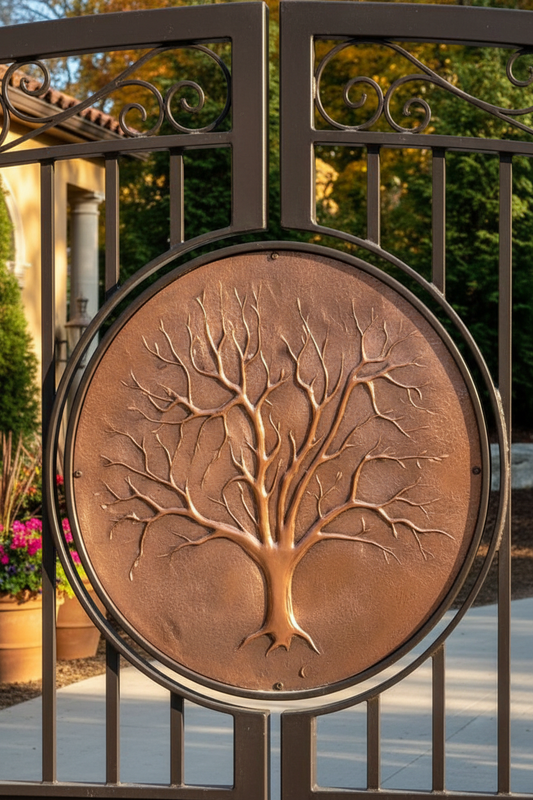 Mediterranean Tree of Life Copper Gate Medallion on Ornate Iron Villa Entrance