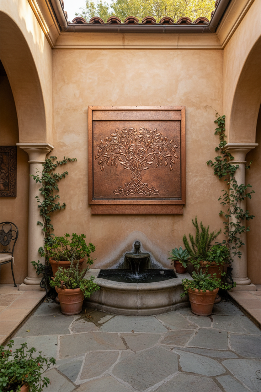 Mediterranean Tree of Life Copper Outdoor Panel on Courtyard Wall with Fountain