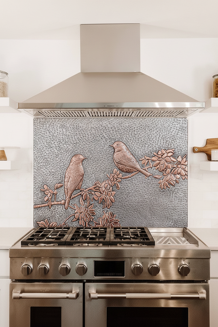 Metal Kitchen Backsplash Tile Birds - close-up front view