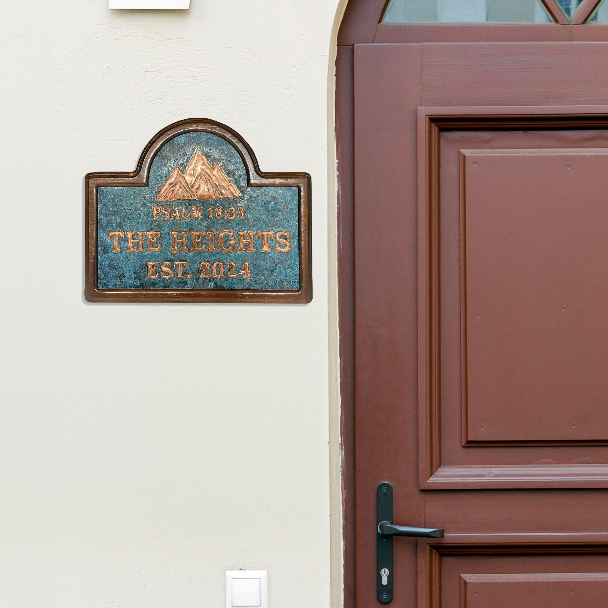 Wooden Framed Copper House Sign with Family Name and Scripture (Mountains) - Natuross