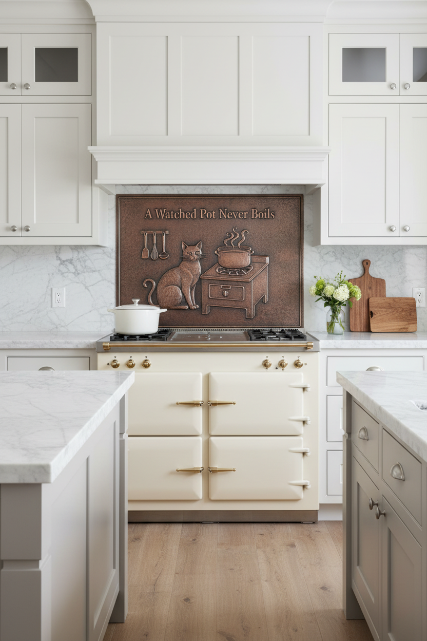 Modern Farmhouse A Watched Pot Never Boils Copper Backsplash with White Cabinets