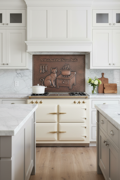 Modern Farmhouse A Watched Pot Never Boils Copper Backsplash with White Cabinets