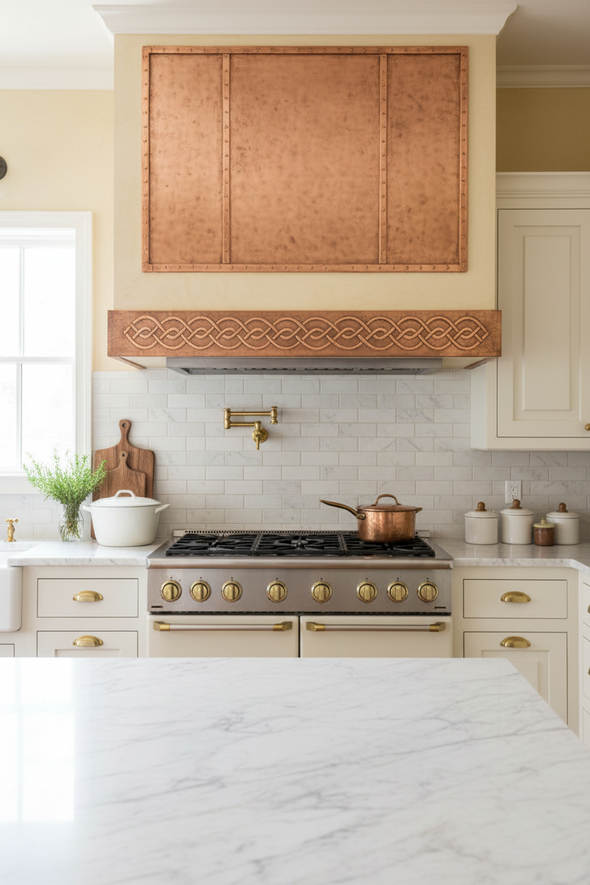 Modern Farmhouse Copper Range Hood Panels 3-Piece Set with White Shaker Cabinets
