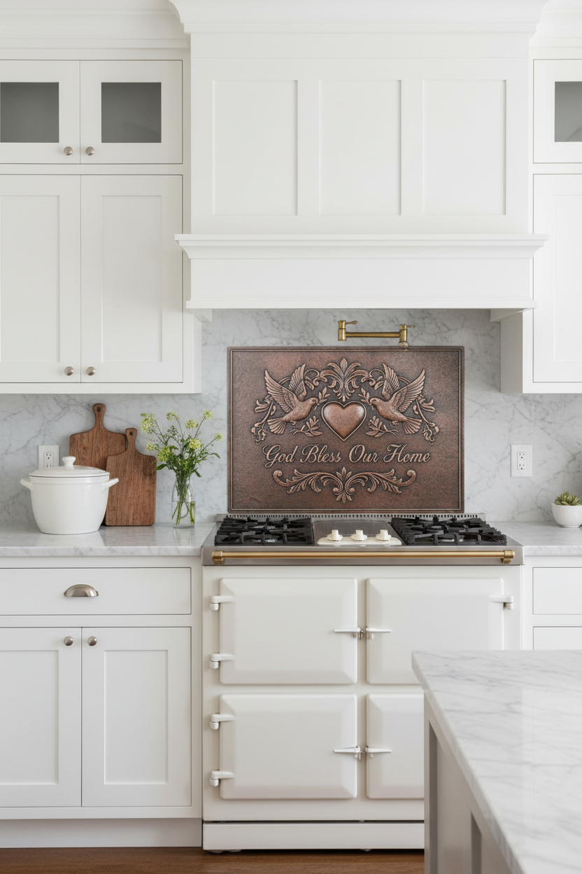 Modern Farmhouse God Bless Our Home Copper Backsplash with White Cabinets