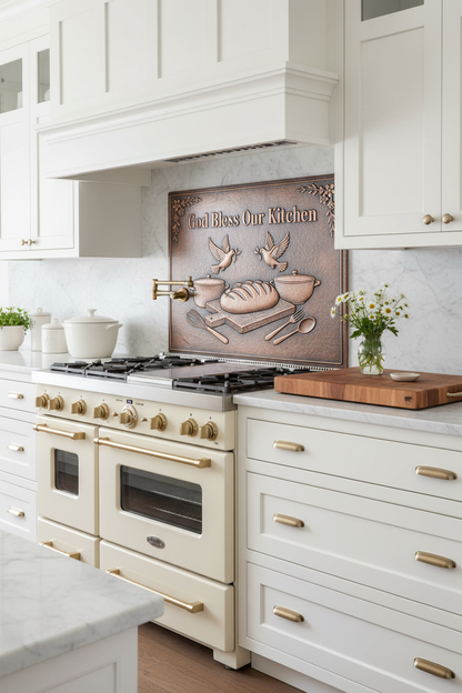 Modern Farmhouse God Bless Our Kitchen Copper Backsplash with White Cabinets