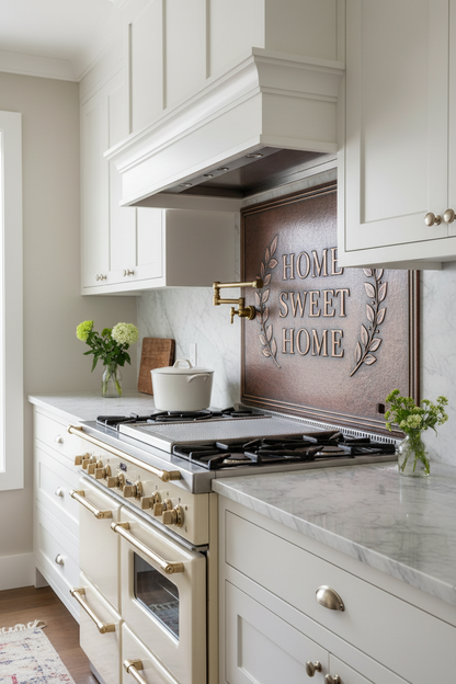 Modern Farmhouse Home Sweet Home Copper Backsplash with White Shaker Cabinets
