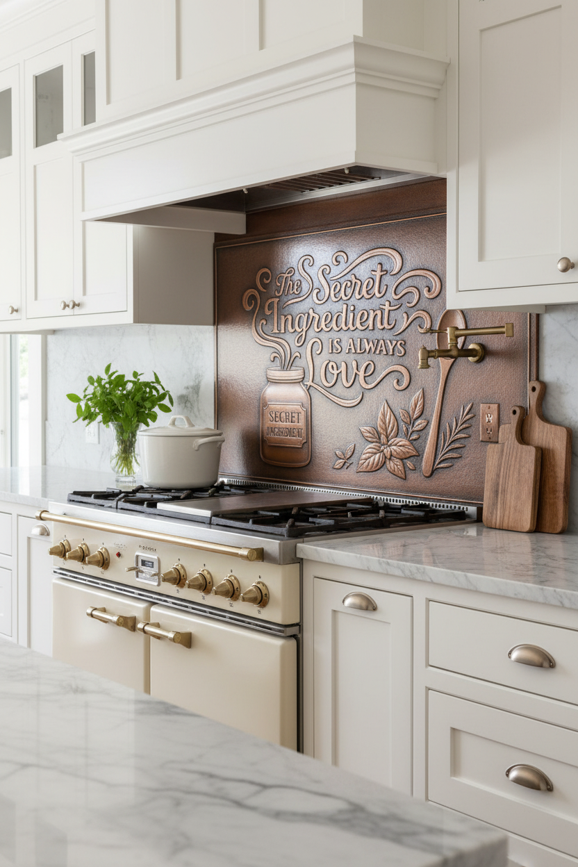 Modern Farmhouse The Secret Ingredient is Always Love Copper Backsplash with White Cabinets