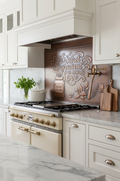 Modern Farmhouse The Secret Ingredient is Always Love Copper Backsplash with White Cabinets
