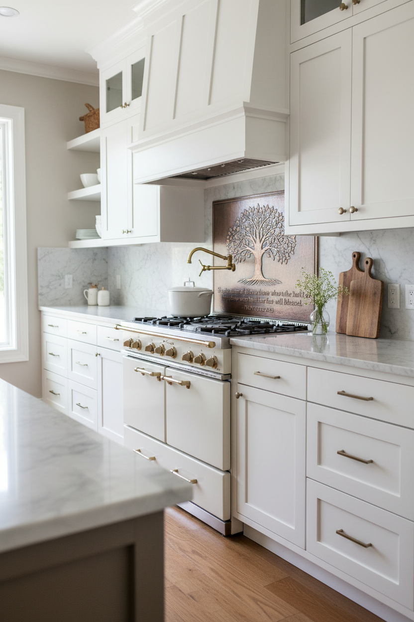 Modern Farmhouse Tree of Life Bible Verse Copper Backsplash Proverbs 3:18 with White Cabinets