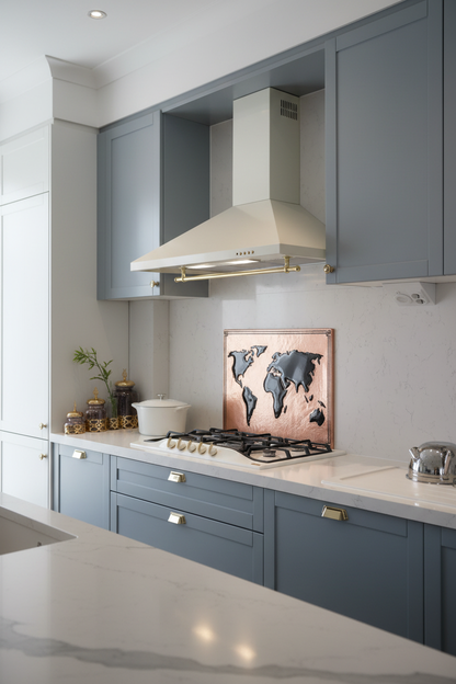 Modern Minimalist World Map Copper & Black Backsplash with White Cabinets