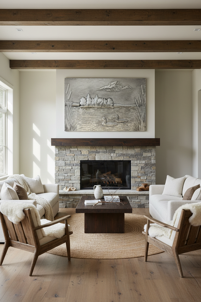 Modern rustic living room with silver lake scene wall art showing dimensional ducks and forest relief above stone fireplace