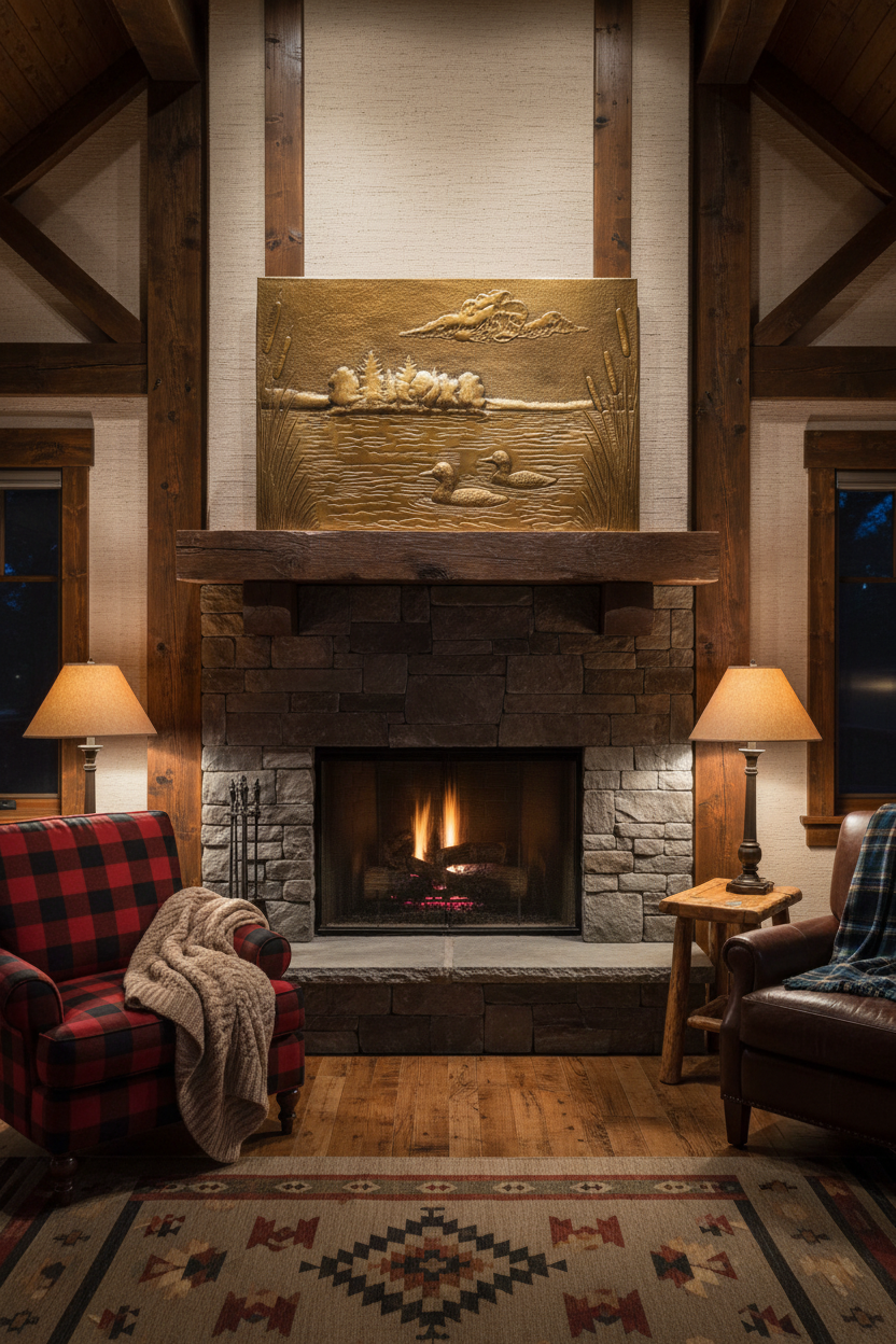 Mountain cabin interior with brass lake scene panel showing warm golden tones and dimensional hand-hammered relief