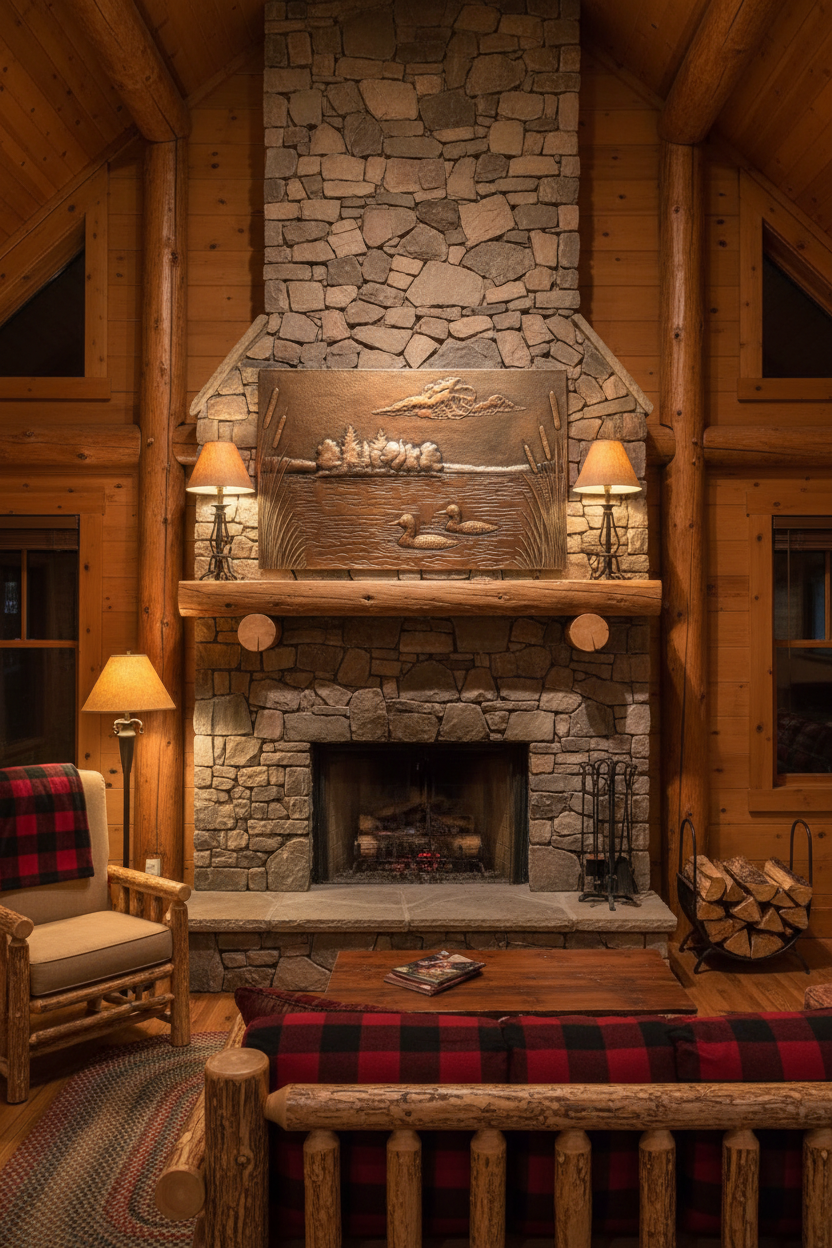 Mountain cabin interior with brown patina lake scene panel showing warm aged copper tones and dimensional relief