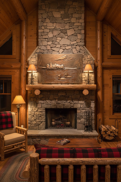 Mountain cabin interior with brown patina lake scene panel showing warm aged copper tones and dimensional relief