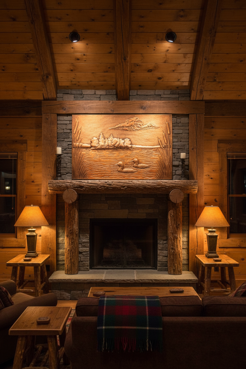 Mountain cabin interior with natural copper lake scene panel showing warm copper tones and dimensional hand-hammered relief