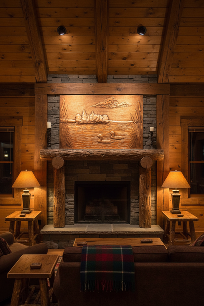 Mountain cabin interior with natural copper lake scene panel showing warm copper tones and dimensional hand-hammered relief