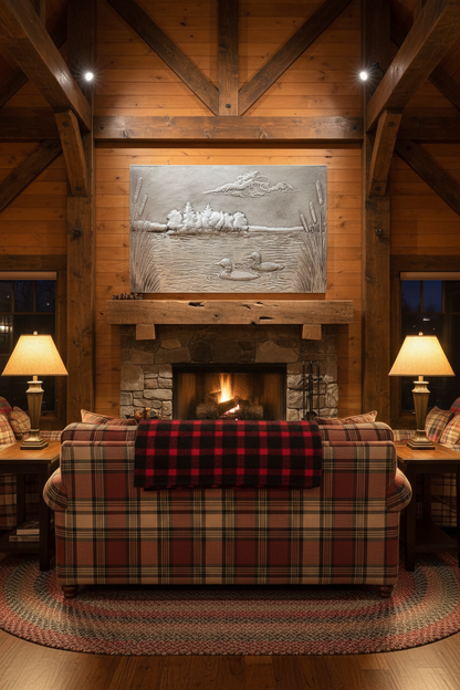 Mountain cabin interior with silver lake scene panel showing ducks on water and forest shoreline in cool metallic finish