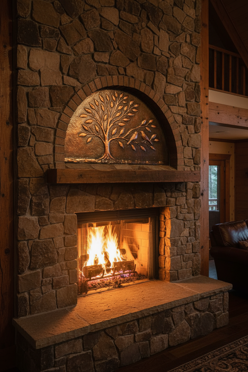 Natural copper finish arched tree panel above stone fireplace in mountain lodge with firelight