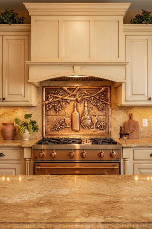 Natural Copper Grapevine Wine Backsplash in Tuscan Villa Kitchen with Travertine Counters