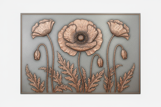 Hand-hammered Poppy Flower copper relief panel – Silver Copper Details finish, wildflower botanical wall art
