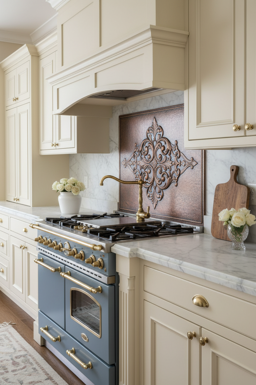 Ornate Scrollwork Copper Kitchen Backsplash in French Provincial Style with Blue Range