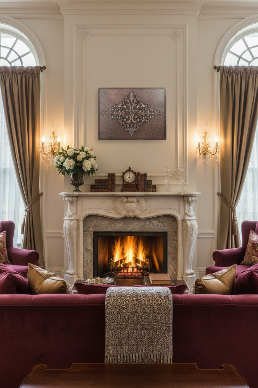 Ornate Scrollwork Copper Wall Art Above Marble Fireplace in Victorian Manor