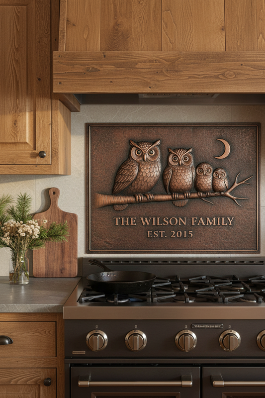 Owl Family - rustic cabin kitchen