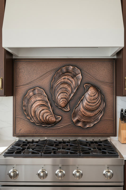 Oyster Relief Backsplash Panel - 52x36 inch handmade metal copper panel close-up