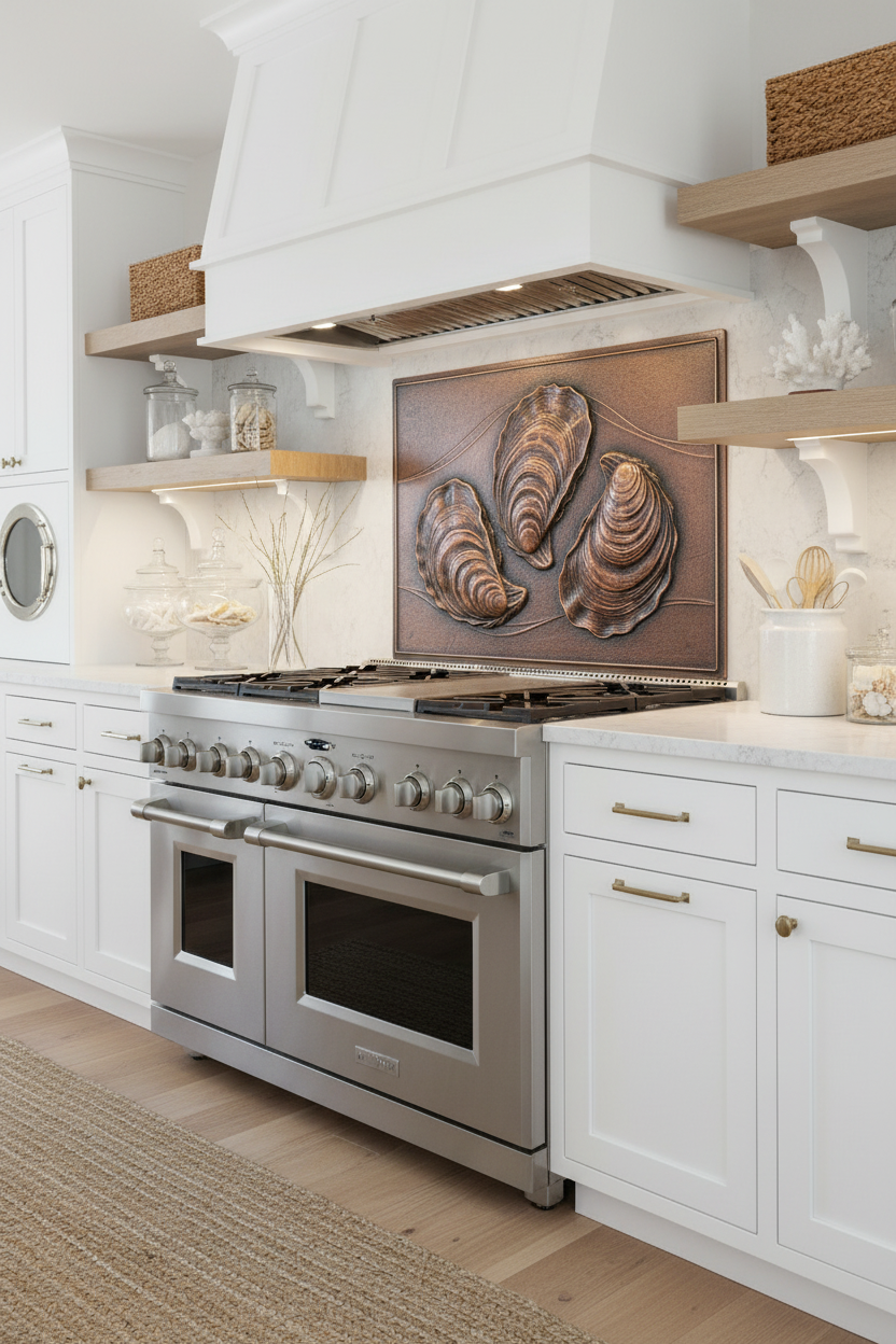 Oyster Relief Backsplash Panel - 52x36 inch handmade metal copper panel