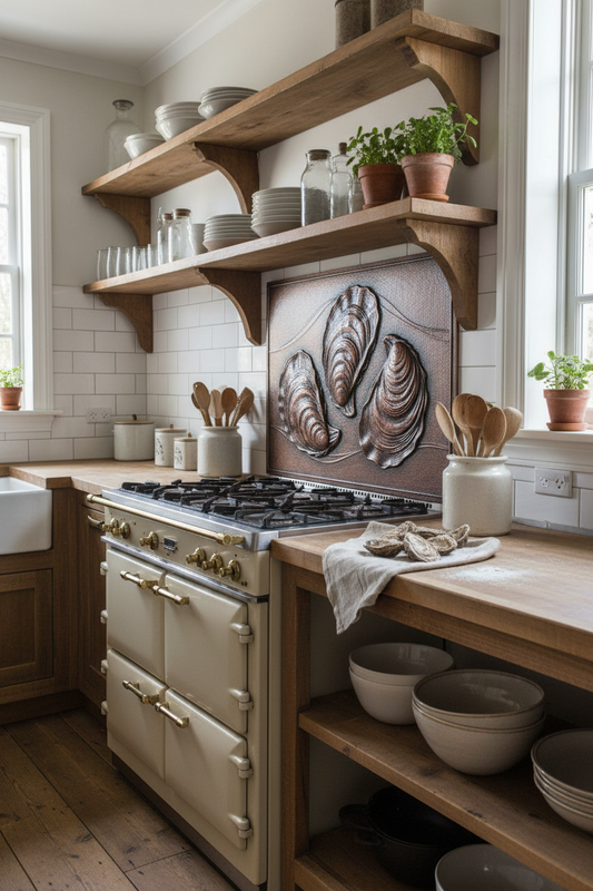 Oyster Relief Metal Backsplash - 48x36 inch in farmhouse kitchen