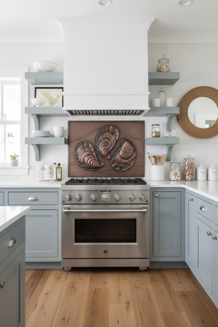 Oyster Relief Panel - 38x38 inch handmade metal backsplash copper
