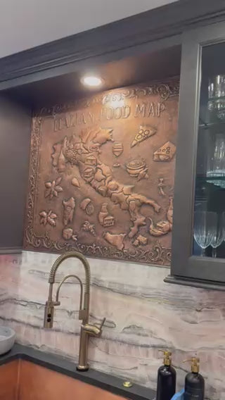 Italian Food Map Copper Kitchen Backsplash – Embossed Culinary Wall Art