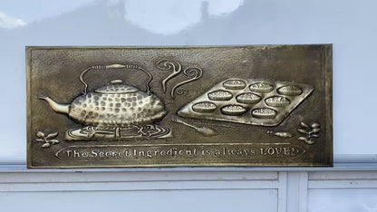 Antique Gold Kettle & Tray Backsplash Panel - Hand-Hammered Brass Wall Art