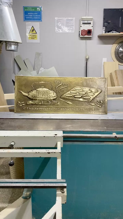 Antique Gold Kettle & Tray Backsplash Panel - Hand-Hammered Brass Wall Art