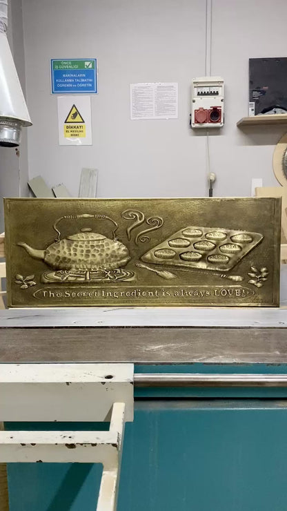 Antique Gold Kettle & Tray Backsplash Panel - Hand-Hammered Brass Wall Art
