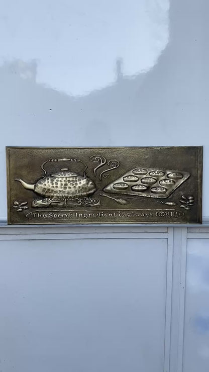 Antique Gold Kettle & Tray Backsplash Panel - Hand-Hammered Brass Wall Art