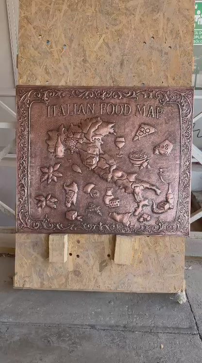 Italian Food Map Copper Kitchen Backsplash – Embossed Culinary Wall Art