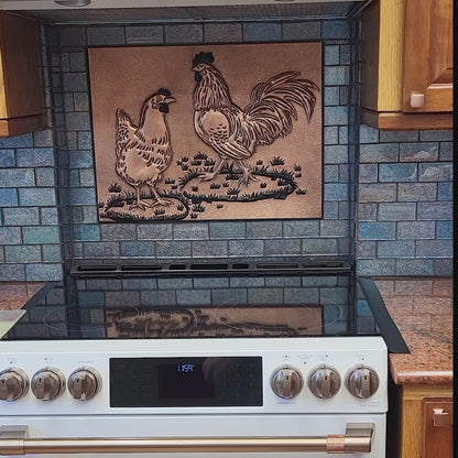 Rooster and Chicken Kitchen Backsplash Tile - 24"x30" Copper&Black