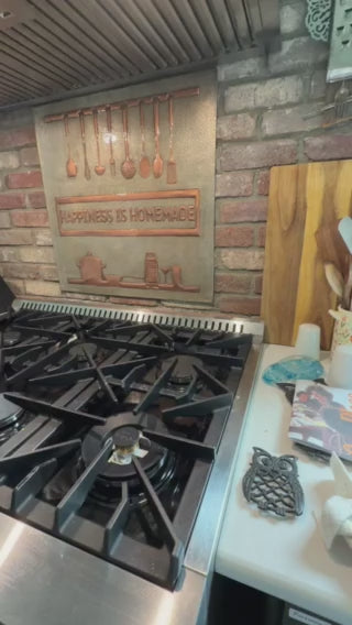 "Happiness is Homemade" Gray & Copper Kitchen Backsplash